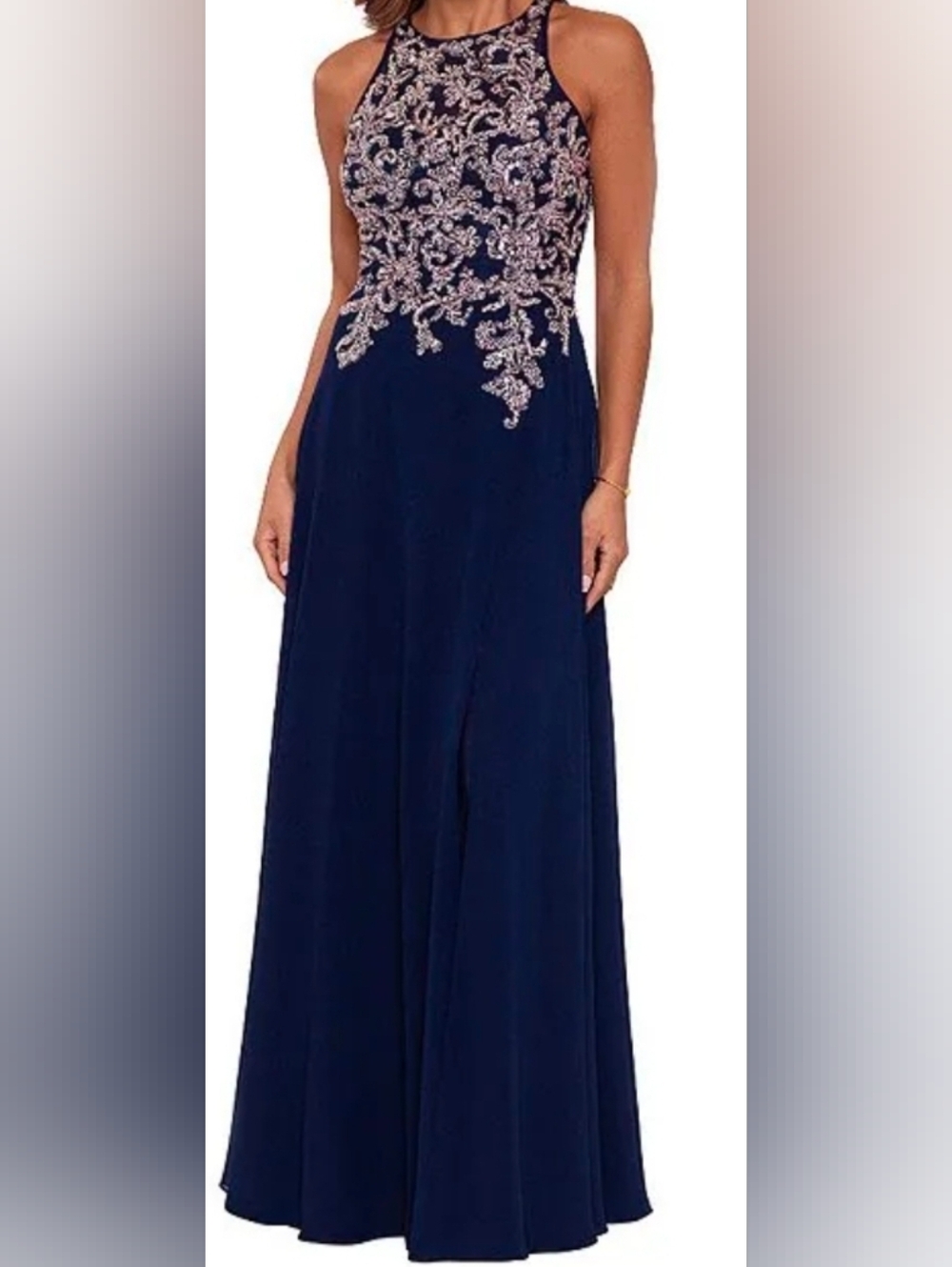 NWT Betsy & Adam Embellished Navy Halter Evening Dress, Sz 8